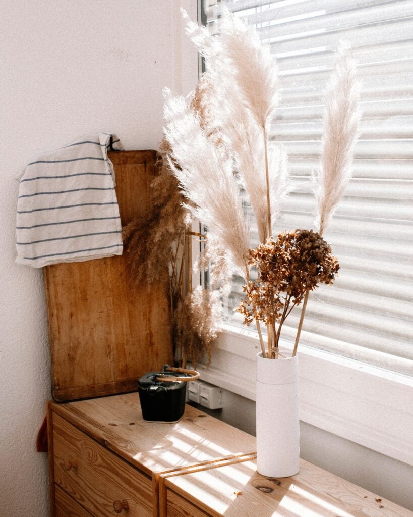 White vase with dried flowers ditting in front of a window
