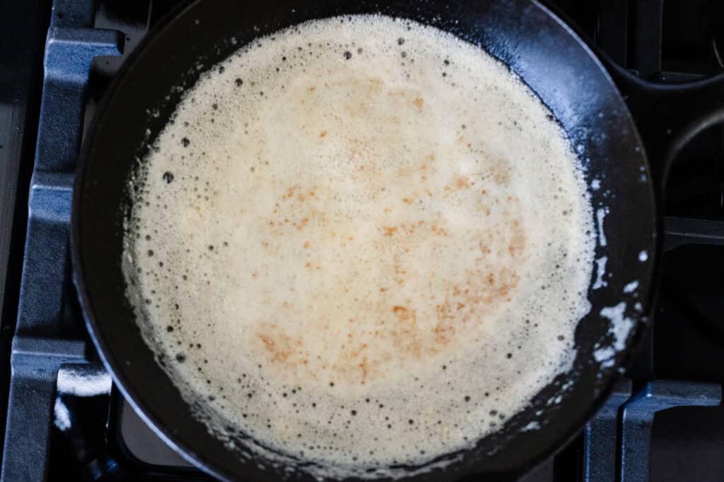brown butter in a cast iron skillet on stovetop