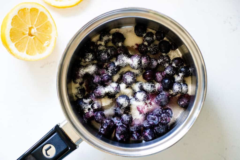 blueberry sauce ingredients ready to cook down