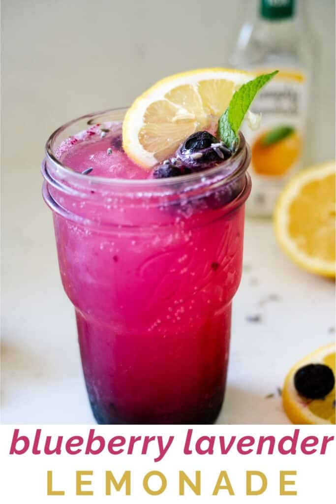 drink made with homemade syrup, fresh blueberries, and lavender
