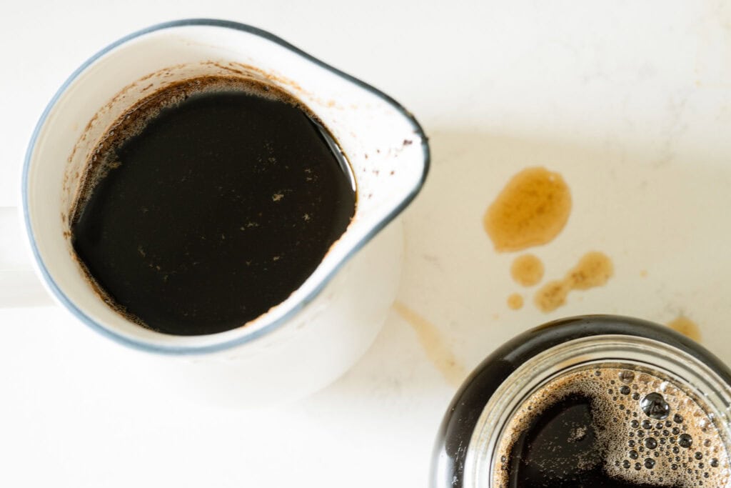 brown butter syrup spilled onto the countertop