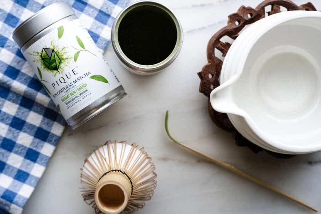 flat lay of ingredients t make matcha