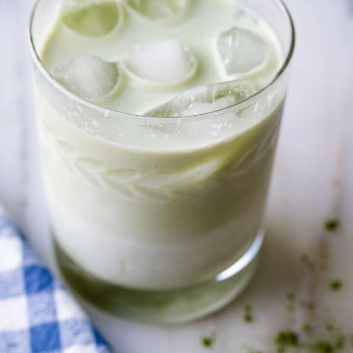 green matcha made in a clear cup