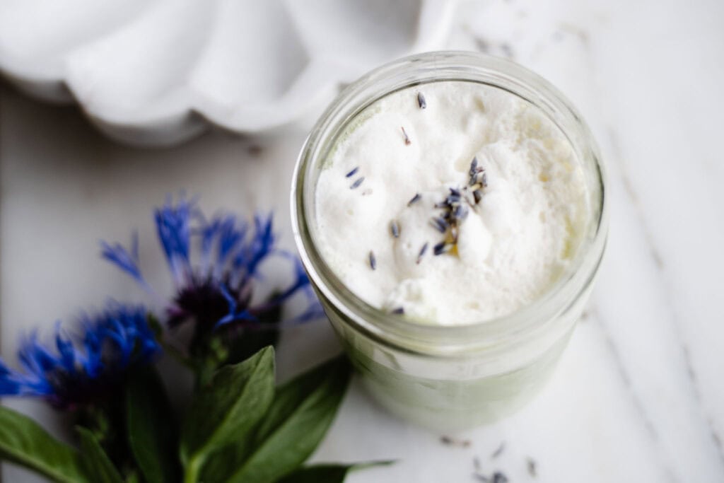 iced matcha with lavender in a cup