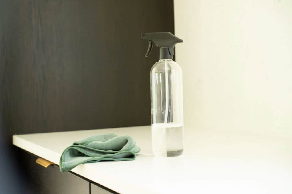 spray bottle with cleaning rag on the counter