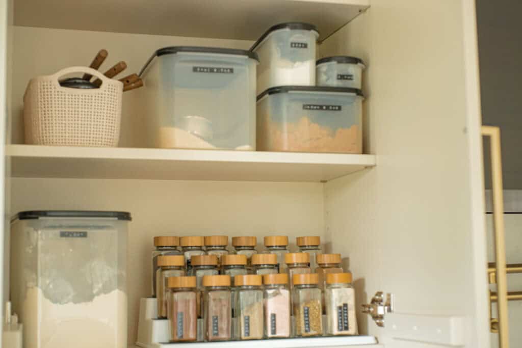 baking staples in a kitchen cupboard