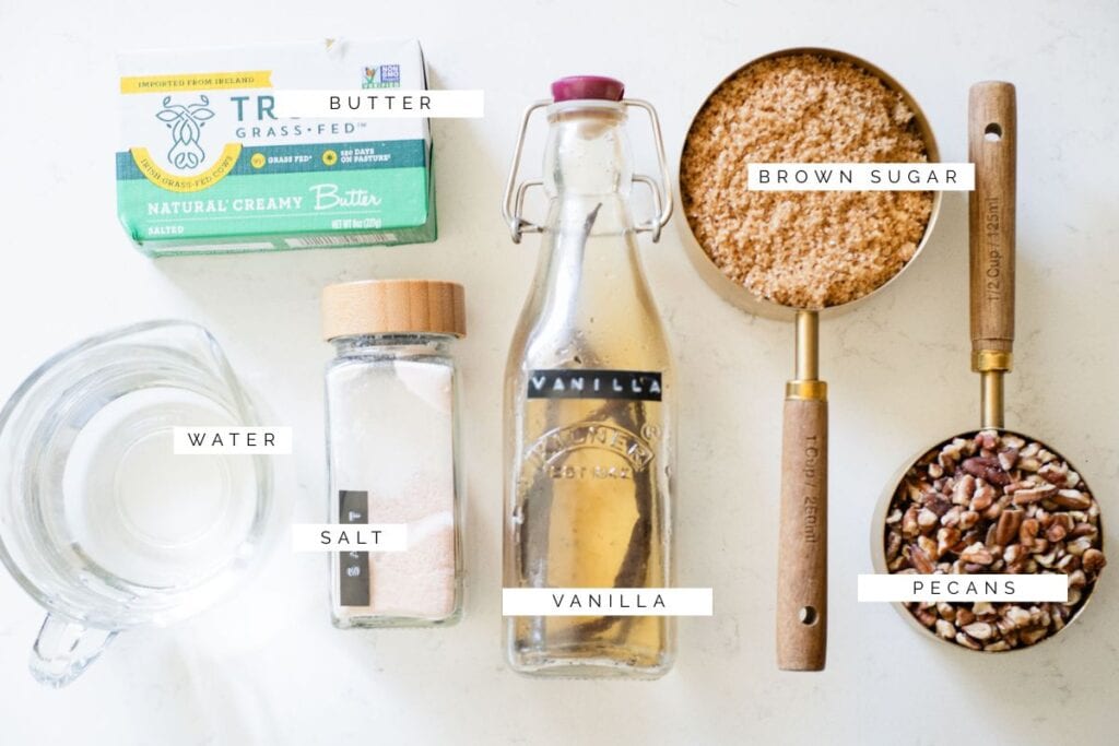 flatlay of ingredients to make butter pecan syrup
