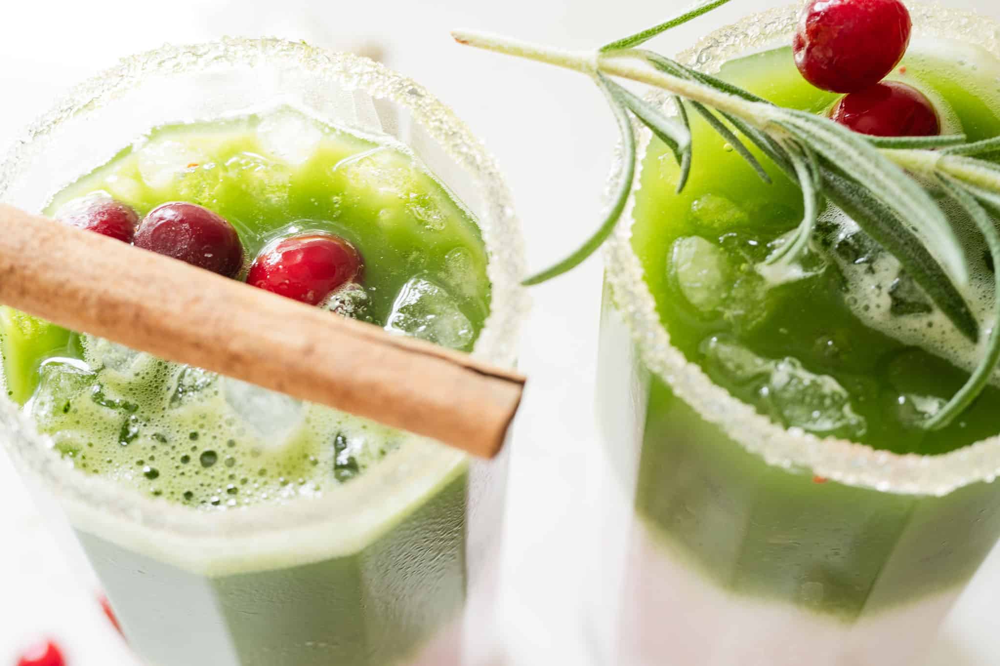 two matcha lattes with cranberry