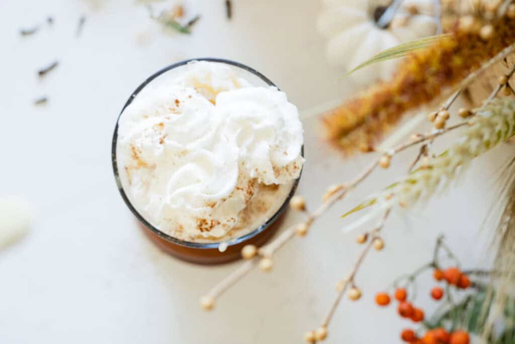 overhead view of drink topped with whipped cream and cinnamon