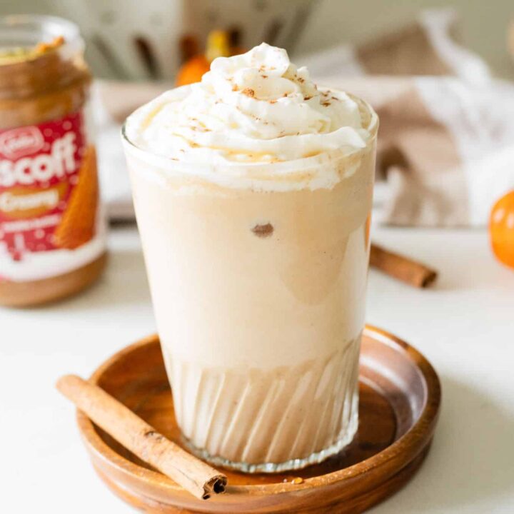 iced breve surrounded by cookie butter and orange pumpkins