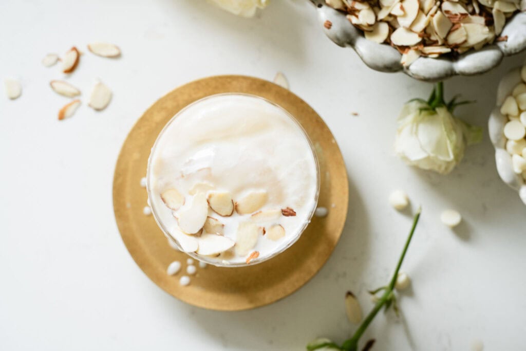 latte topped with toasted almonds