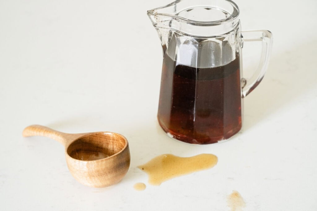 brown butter maple syrup dripped onto the countertop